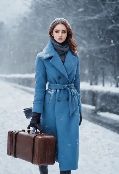 winter street，Realistic drawing, Snow is falling，A woman holds a heavy suitcase in her hands，There is another dream.Blue Dream