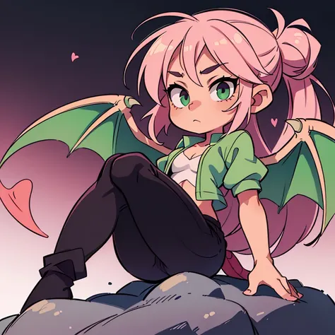 (Realistic, A high-resolution masterpiece:1.2), Girl with Dragon Wings, light pink skin, pinkish-gray hair with a green strand, pinkish buds, Black Closed Top, whitebackground. Dragons Tail. black flared trousers. full-length portrait.