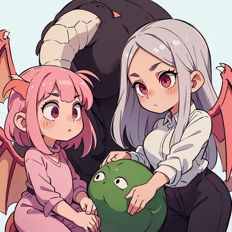 (Realistic, A high-resolution masterpiece:1.2), Girl with Dragon Wings, light pink skin, pinkish-gray hair with a green strand, pinkish buds, Black Closed Top, whitebackground. Dragons Tail. black flared trousers. full-length portrait.