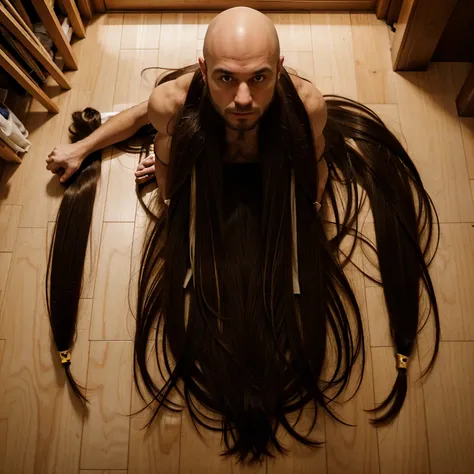 Bald guy surrounded by a floor full of long hair.