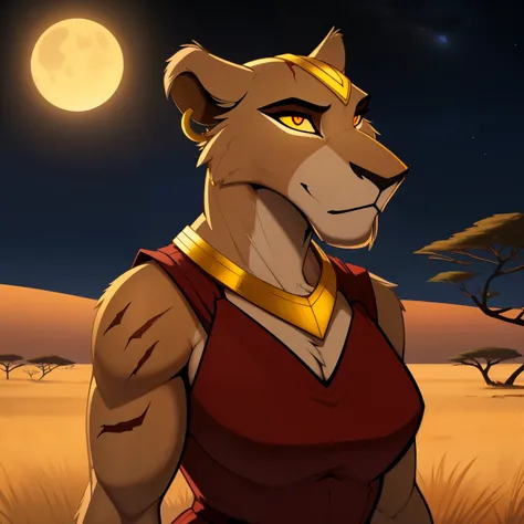 Tall_muscular_lion female scars red_irises yellow_sclera starry_sky savanna solo Masterpiece best_quality absurdres highly_detailed cleanly_drawn_eyes anthro_only by_claweddrip, by_greasymojo, by_underscore-b, by_runawaystride circlet bracers gorget neck_h...