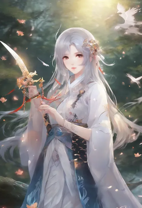 HD quality details，Anime character with sword and bird in background, WLOP and Sakimichan, From《Azur route》videogame, 2. 5d CGI anime fantasy artwork, Wopp and Krenz Kushat, ethereal anime, Kushatkrenz Key Art Women, Beautiful celestial mage, Highly detail...