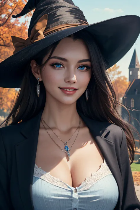 ((masutepiece)), ((Best Quality)), (Ultra-detailed), ((Extremely detailed)), 4K, (8K), Best Quality, (Beautiful), Illustration, Dynamic Angle, Cowboy Shot, castle, Autumn, morning, Pretty women, Solo, Witch, Beautiful black hair, Beautiful blue eyes, ((Bea...