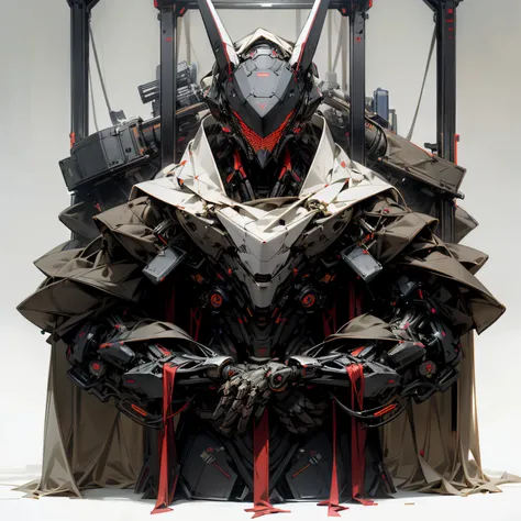 Standing at the ready, unique robot body, non-humanoid, very wide flat head, very strong frame, three eyes in the shape of a triangle on the face, wide head sticking out either side, very mechanical frame, mil-spec design, masculine design, robotic mask, m...