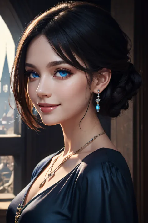 ((masutepiece)), ((Best Quality)), (Ultra-detailed), ((Extremely detailed)), 4K, (8K), Best Quality, (Beautiful), Illustration, Dynamic Angle, Upper body, castle, morning, Pretty women, Solo, Witch, Beautiful black hair, Beautiful blue eyes, ((Beautiful ey...