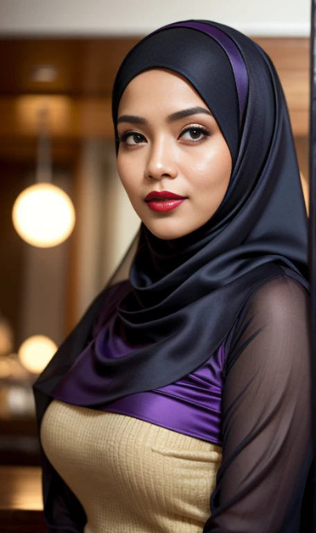 Half body portrait of a 33 years old malay woman sit in front of giant mirror, wearing hijab, wearing a fit purple satin blouse with satin green slack, narrow waist, indoor shot, looking up at coffee shop sign, soft lighting, smirk face, circle bokeh , big...