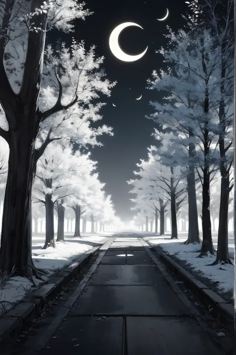 Nighttime, crescent moon, trees on the sides and a path in the middle. Grey and black and white scheme