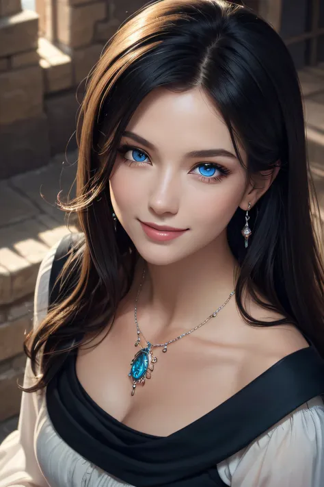 ((masutepiece)), ((Best Quality)), (Ultra-detailed), ((Extremely detailed)), 4K, (8K), Best Quality, (Beautiful), Illustration, Dynamic Angle, Upper body, look down from above, castle, morning, Pretty women, Solo, Witch, Beautiful black hair, Beautiful blu...