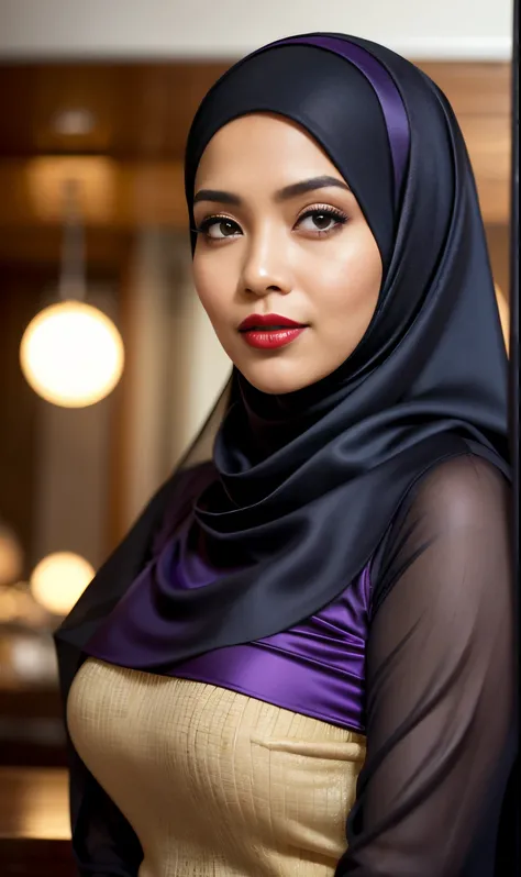 Half body portrait of a 33 years old malay woman sit in front of giant mirror, wearing hijab, wearing a fit purple satin blouse with satin green slack, narrow waist, indoor shot, looking up at coffee shop sign, soft lighting, smirk face, circle bokeh , big...