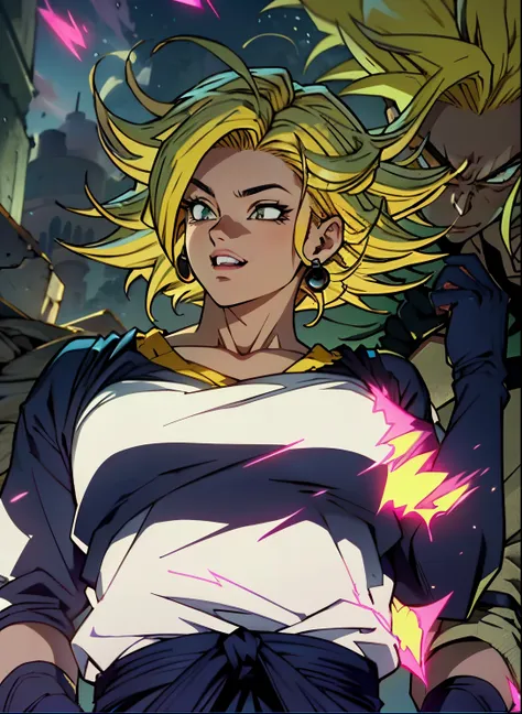 arafed woman with a black and white striped shirt and a pink lip,super saiyan,(blond hair:1.8), ((yellow hair:1.5)),super saiyan...