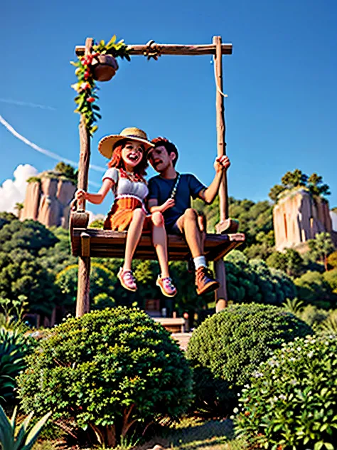 hay un hombre y una mujer sentados en un columpio en la hierba, imagen de muy muy muy baja calidad, in the park on a beautiful day, Sentado sobre una rodilla en la hierba, Pareja feliz, having a great time, El fondo es celestial, Foto de vacaciones, en el ...