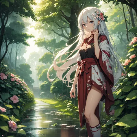 anime girl with long hair and flower in her hair, Beautiful anime artwork, style of anime4 K, Anime art wallpaper 4k,rainy days，janelas，the woods，rain drops