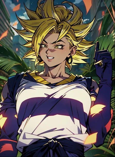 arafed woman with a black and white striped shirt and a pink lip,super saiyan,(blond hair:1.8), ((yellow hair:1.5)),super saiyan goku, super sayan, super sayian goku, super saiyan 3, going super saiyan, dragon ball concept art, dragon ball artstyle, 4 k ma...