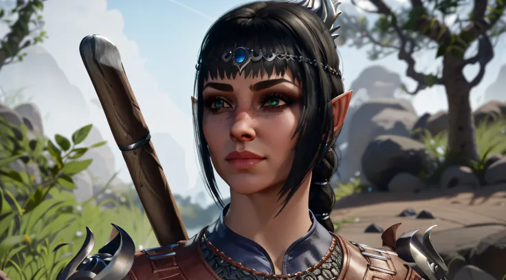 um close up de uma pessoa em armadura segurando uma espada, elven character with smirk, Mulher meio elfa, colorful Elder Scrolls, Elfo Feminino, Personagem pequeno. Motor Unreal 5, protagonista feminina, personagem feminina, metade orc metade elfo mulher, ...
