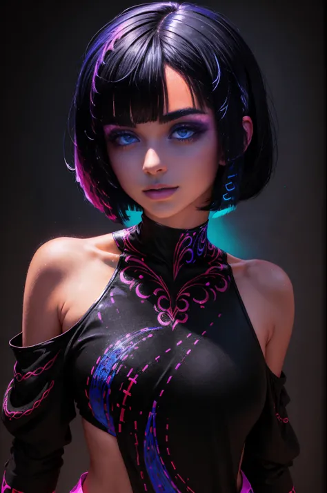 Blacklight painted on a girls face, closeup,(shoulder-length straight black bob hair),slim,small head,small face