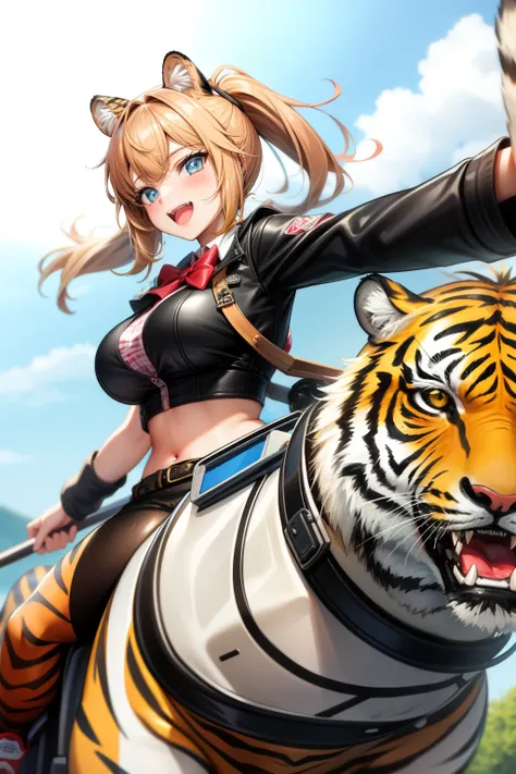 Cute girl, Riding on a very large tiger