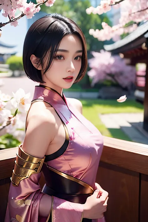 beautiful japanese young woman, wearing ninja armor, thick symmetrical features, very short hair, background is cherry blossoms,...