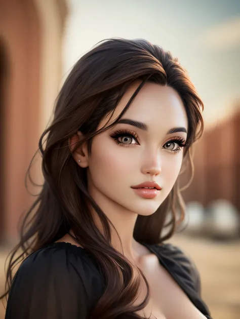 Realistic Hispanic model with dark hair and hazel eyes