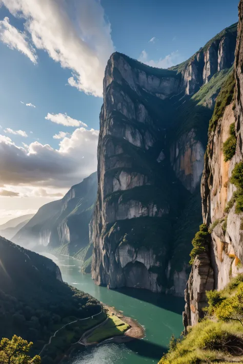 Masterpiece, ultimate quality, Cg unity 8k wallpaper, super delicate, beautiful sky and clouds, rich natural scenery, cliffs, lakes and rivers, waterfalls and flying water, beautiful green mountains, no trace of people, excellent scenery, has already won a...