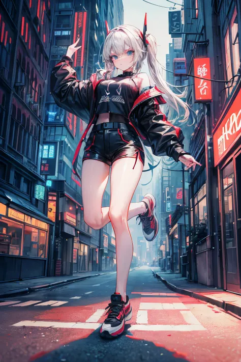 (masterpiece,best quality,8k,ultra-detailed:1.3), (landscape photography:1.5),(((a tall slim girl is jumping on the wide street in city))), (extreme long shot:1.6),((((((perfect face,perfect eyes)))))),anime style,street style clothing,shorts,sneakers,cap,...