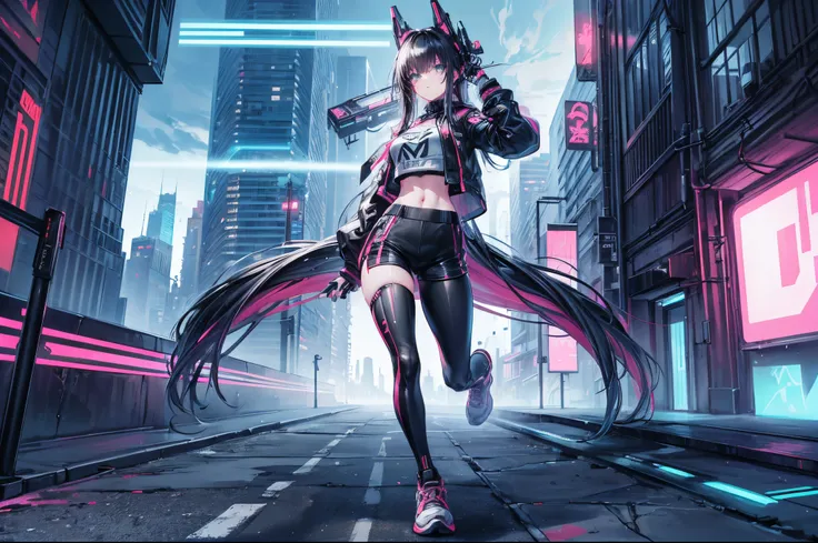 (masterpiece,best quality,8k,ultra-detailed:1.3), (landscape photography:1.5),(((a tall slim girl is jumping in city))), (extreme long shot:1.6),((((((perfect face,perfect eyes)))))),anime style,street style clothing,shorts,sneakers,cap,BREAK cyber punk an...