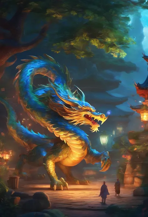 Chinese dragon anthropomorphic image、reflective light，Blue green small and cute、Colorful fireworks，Q version characters，3D modeling，Frontal lighting，ultra - detailed、8ｋ、Realistic depiction、Holding an ingot、Lively night market in the background、fire works、F...