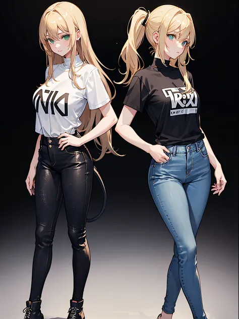 （woman：1.4）， blond hairbl， （Green eyes：1.2）， skintight jeans， Black T-shirt with， walk， short detailed hair， 独奏， ssmile， Place your hands behind your body