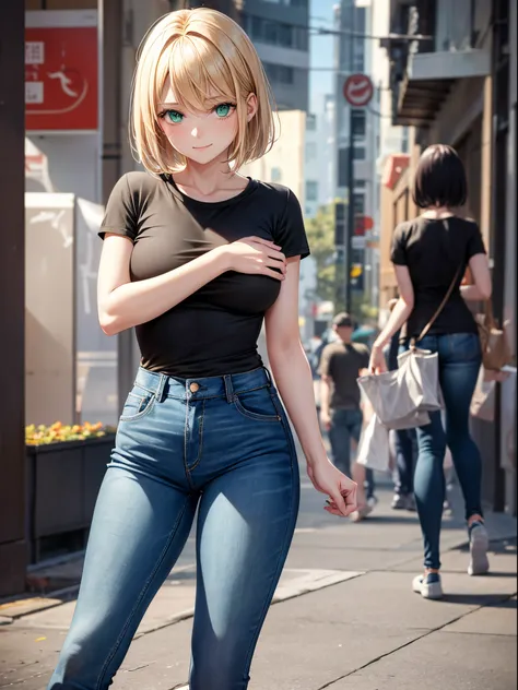 （woman：1.4）， blond hairbl， （Green eyes：1.2）， skintight jeans， Black T-shirt with， walk， short detailed hair， 独奏， ssmile， Place your hands behind your body