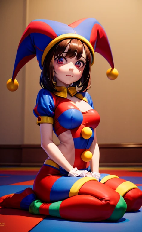 Dark brown hair anime girl, naked, wearing jester hat, medium breasts, sitting on the floor, NSFW, 2d art, high quality fanart, jester themed, cutecore clowncore, clown girl