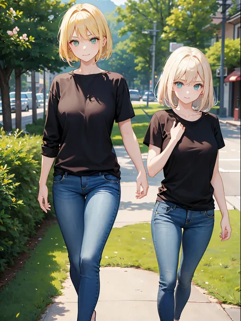 （woman：1.4）， blond hairbl， （Green eyes：1.2）， skintight jeans， Black T-shirt with， walk， short detailed hair， 独奏， ssmile， Place your hands behind your body