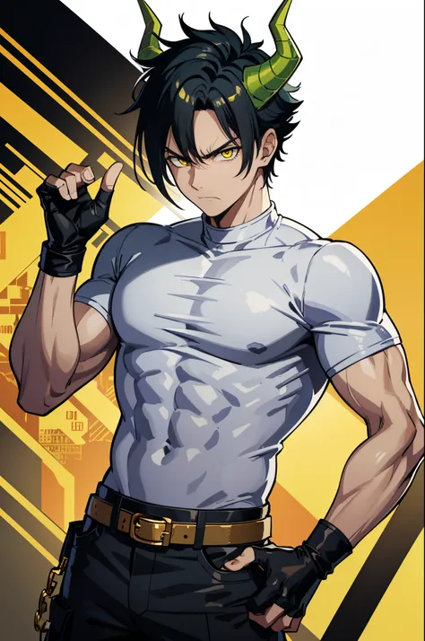 masterpiece,best quality, solo, 1 boy, adult male figure, black ouji clothes, cowboy shot, Fairy Tail anime style, big green demon horns, green horns, bright green demon horns, thick horns, black hair, short hair, hair slicked back, slicked back hair, yell...