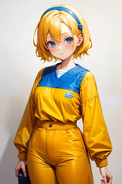 Cute girl, short yellow hair, headband, blue eyes, orange clothes,