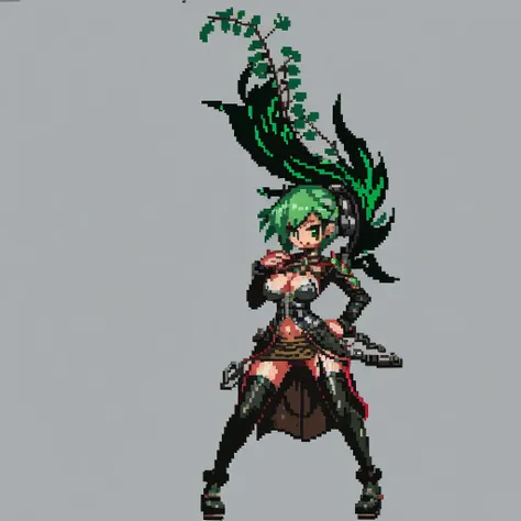 Steampunk girl, anime girl, pixel art, green hair, red eye,