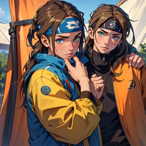 A European looking girl with messy straight brown hair, Handsomer, High quality picture, With Naruto headband With air symbol, wearing blue jacket, 4K quality, In the nature, both eyes clear, solo traveling, masturbating in tent