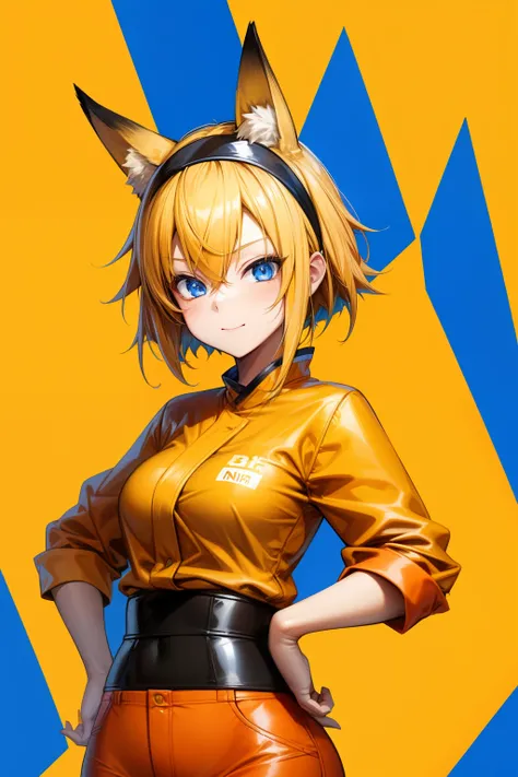 Cute girl, short yellow hair, headband, blue eyes, orange clothes,Ramen, fox, ninja