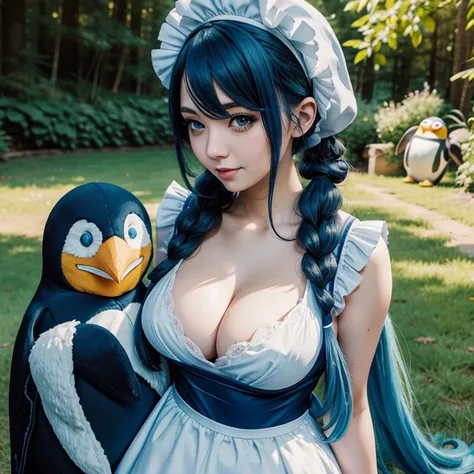 Adult woman, League of legends character Sona hugging a stuffed penguin, long blue hair, pigtails, maid hat, maid apron, Big chest, Clivage, alluring look, blushing, somewhere in nature, outside