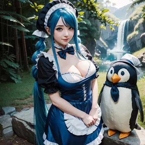 Adult woman, League of legends character Sona hugging a stuffed penguin, long blue hair, pigtails, maid hat, maid apron, Big chest, Clivage, alluring look, blushing, somewhere in nature, outside