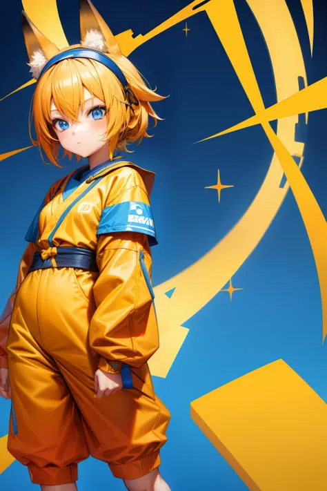 Cute girl, short yellow hair, headband, blue eyes, orange clothes,Ramen, fox, ninja