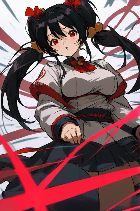 ((Anime style))，Black hair twintails，Red Eyes，childish，So Huge Breasts，