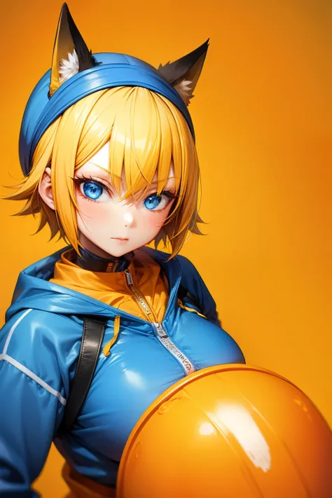 Cute girl, short yellow hair, headband, blue eyes, orange clothes,Ramen, fox, ninja, adult girl