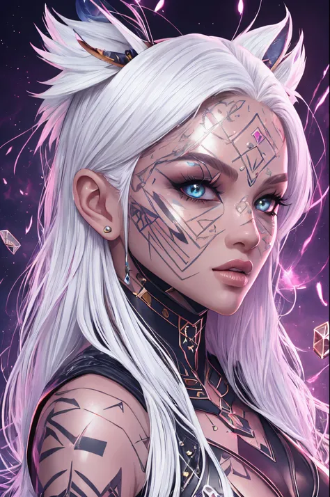 file:///D:/Windows/Desktop/AI/Alien_female_short_white_hair_skin_with_runes_on_her_face_handsome_lots_of_details_style-Neon_Punk_seed-0ts-1701073454_idx-0%20(1).png,Please add gemstones protruding from under the skin to the forehead and cheekbones of the c...