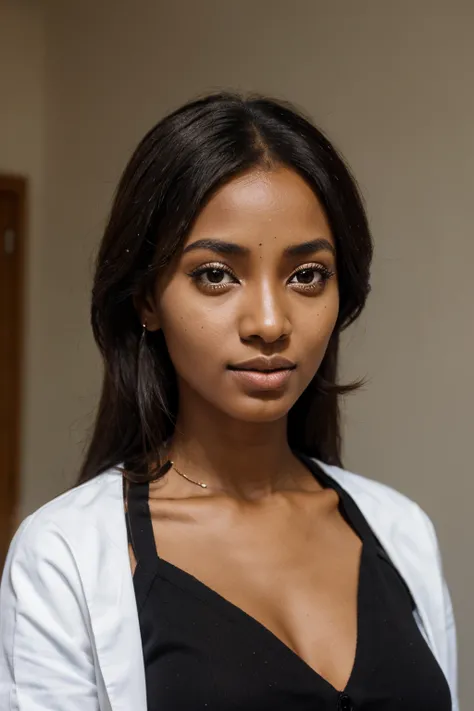 beautiful Ethiopian lady who has small black mark on her tip of the nose and on her right side of eye brow and she is doctor