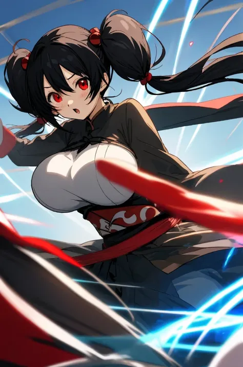 ((Anime style))，Black hair twintails，Red Eyes，childish，So Huge Breasts，