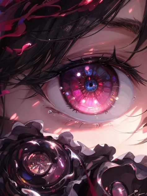 Anime eyes，There is a green flower in the middle, eyes reflection, Crystal clear eyes, There are wet reflections in the eyes, eyes reflection, There is a moist reflection in the eyes, beautidful eyes, Tears slipped from the corners of his eyes, eyes reflec...