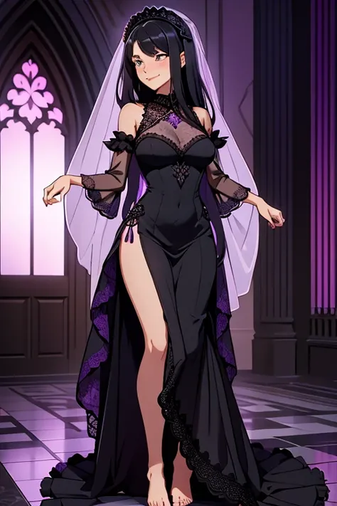 A beautiful, barefoot, woman, wearing a floor-long wide frilly poofy black lace dress with purple sleeves, a black lace veil, happy facial expression.