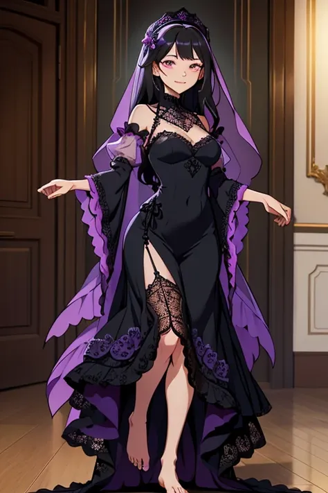 A beautiful, barefoot, woman, wearing a floor-long wide frilly poofy black lace dress with purple sleeves, a black lace veil, happy facial expression.