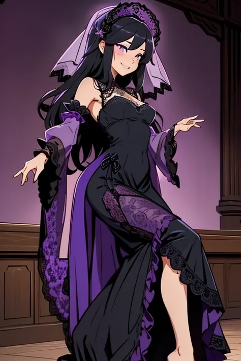 A beautiful, barefoot, woman, wearing a floor-long wide frilly poofy black lace dress with purple sleeves, a black lace veil, happy facial expression.