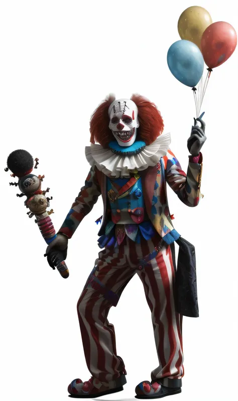 (Best quality at best,4K,8K,A high resolution,tmasterpiece:1.2), ultra - detailed,(actual,realisticlying,Photorealistic:1.37), Clown with gun and balloon, smart style, Creepy clowns, jocker, clown away from camera, Death clown portrait, ingenious, Lovely c...