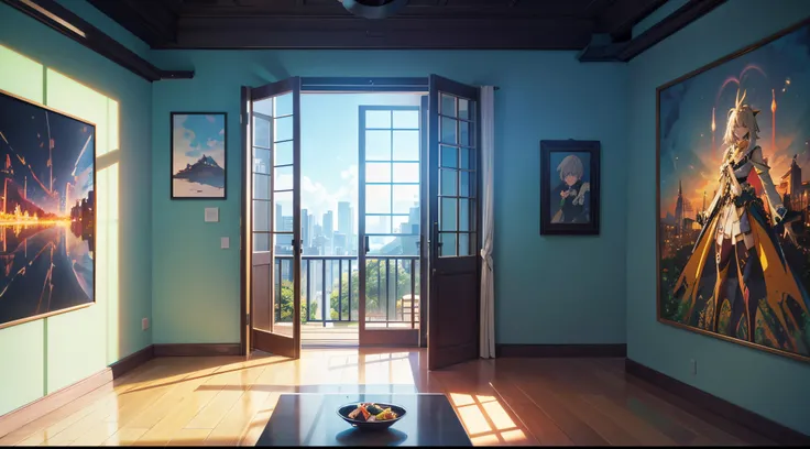 "Generate an animated scene in a stylized anime room, focusing on a single wall and floor. Feature a silver play button and a golden play button hanging prominently on the wall, complemented by vibrant anime paintings. Incorporate an opened window that rev...