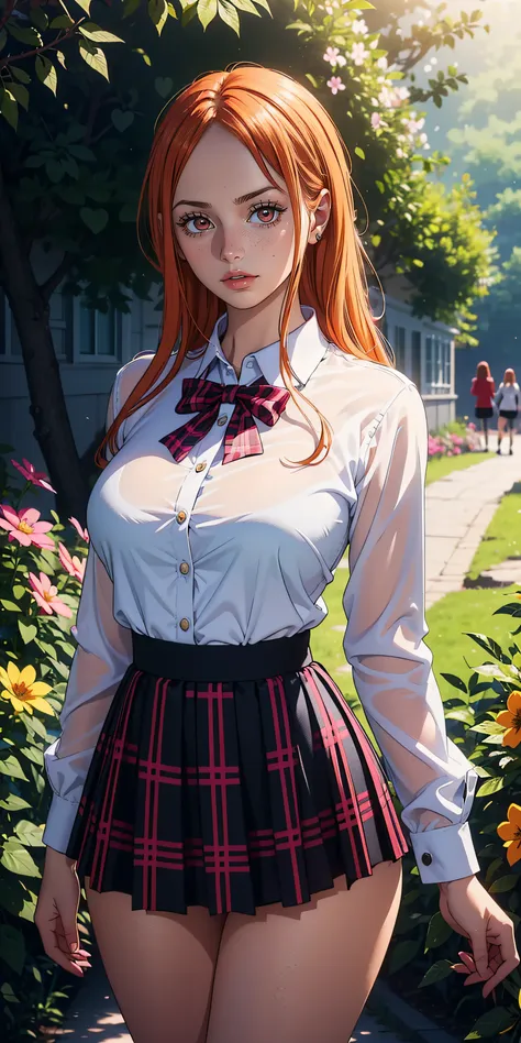 (best quality,4k,8k,highres,masterpiece:1.2),ultra-detailed,realistic,sexy high school girl with orange hair in a garden setting...